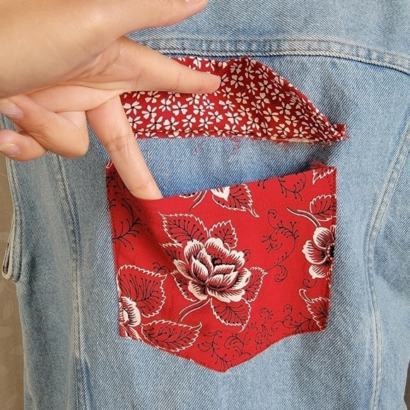 Vintage Gingham Paisley Floral Bandana Patch Pockets Denim Vest The Picket Fence - Picture 10 of 15